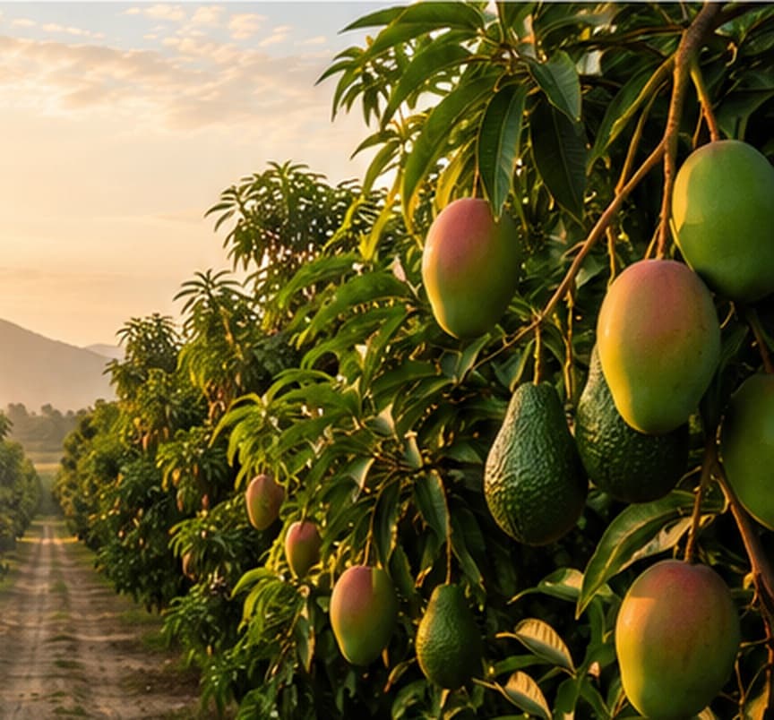 Campo de mangos y paltas orgánicos al amanecer en Olmos, Lambayeque
